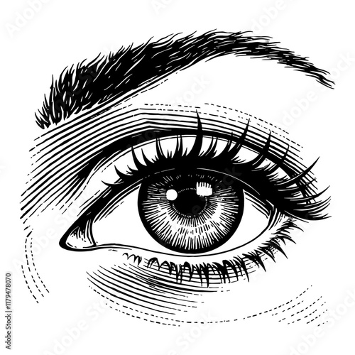 Detailed Eye with Eyelash and Eyebrow Black and White Outline Line Art Drawing Style