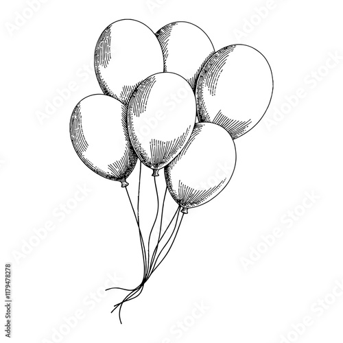 Bunch of Five Balloons in Detailed Black and White Outline Line Art Drawing Hand Drawn Style