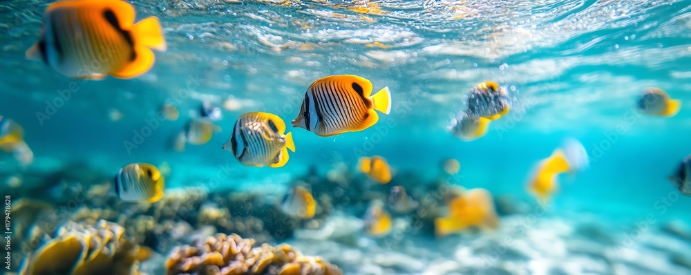 Fototapeta premium A discarded plastic carrier bag floating in crystalclear tropical ocean water, surrounded by colorful fish, highlighting the impact of underwater pollution
