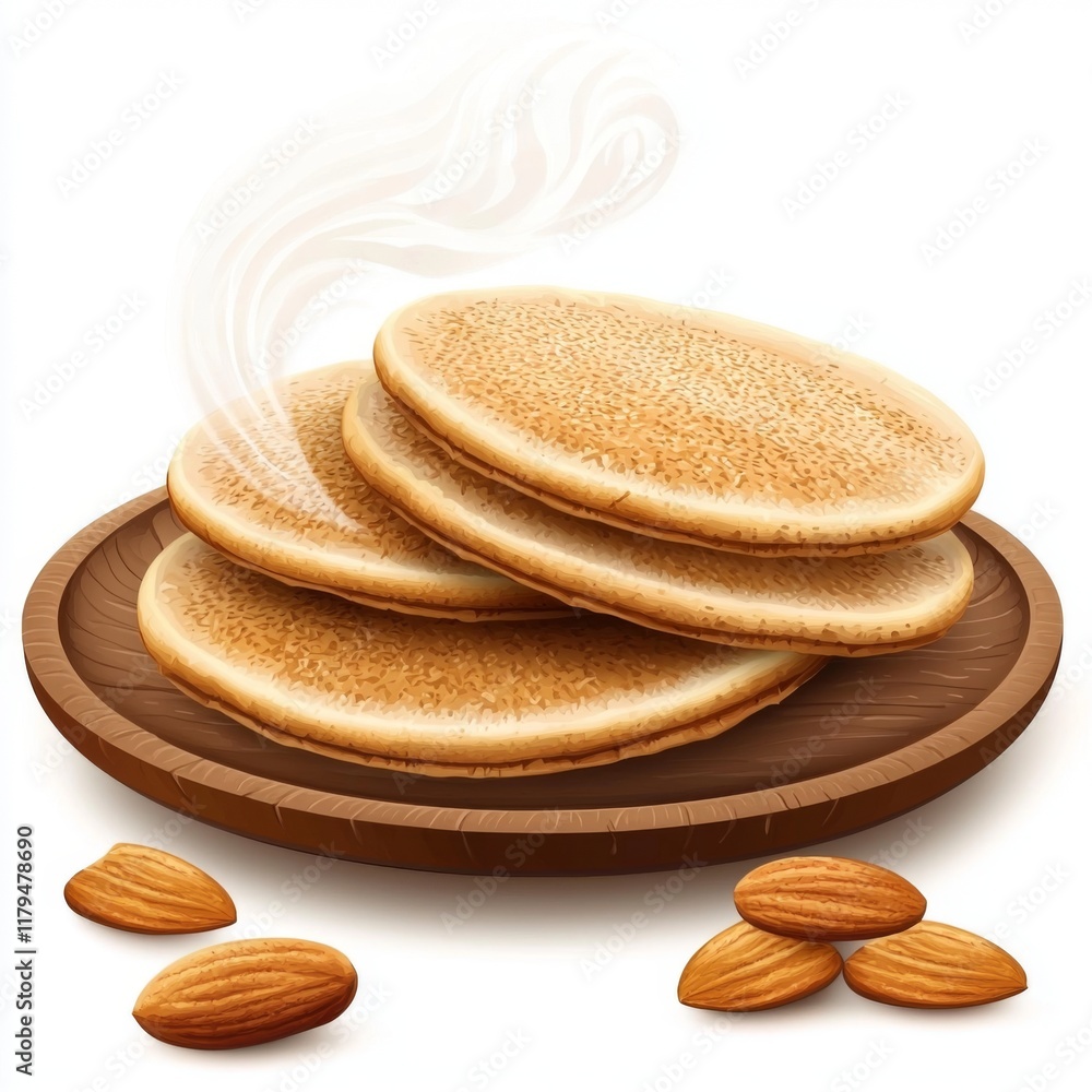 Freshly Made Almond Pancakes on a Wooden Plate with Steaming Aroma and Almonds on the Side Freshly Made Almond Pancakes on a Wooden Plate with Steaming Aroma and Almonds on the Side