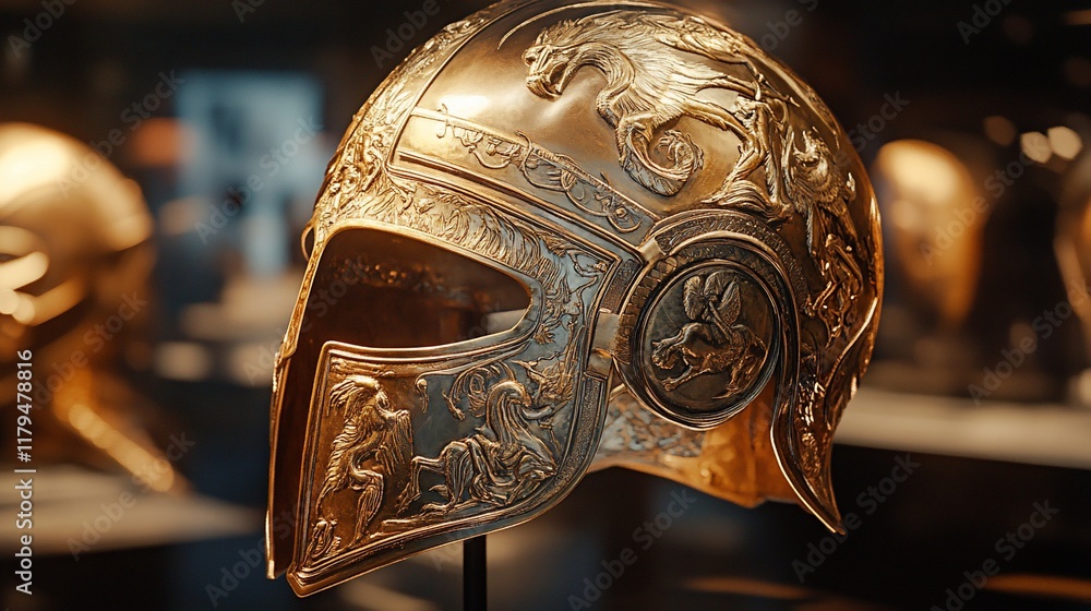 Ornate gold helmet museum display Ornate gold helmet museum display