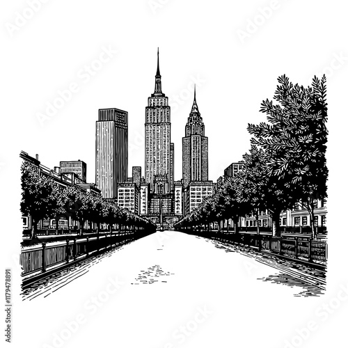 Cityscape of New York City Skyscraper Buildings Black and White Outline Line Art Drawing