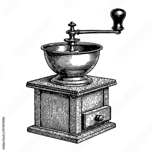 Antique Wooden Coffee Grinder with Handle in Detailed Black and White Outline Line Art Drawing