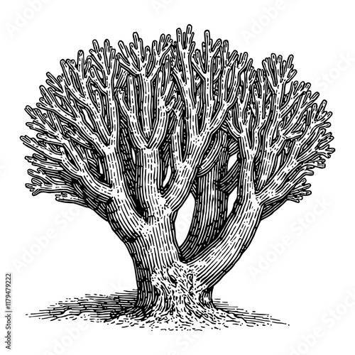 Detailed Coral in Black and White Outline Line Art Drawing Vintage Style with Unique Branches