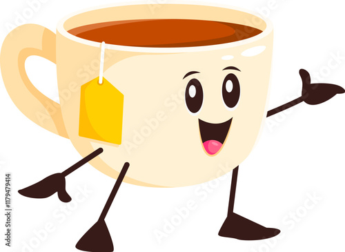 Cartoon hot tea drink cup cheerful character. Natural herbal drink funny cartoon character, breakfast black tea porcelain cup with teabag isolated groovy vector personage. Cafe hot beverage mascot