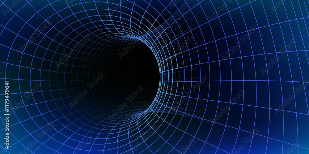 Obraz premium Wireframe tunnel featuring glowing blue grid curves into a dark center evokes themes of futuristic technology and innovation. Vector background with hole and mesh cerates a sense of movement and depth