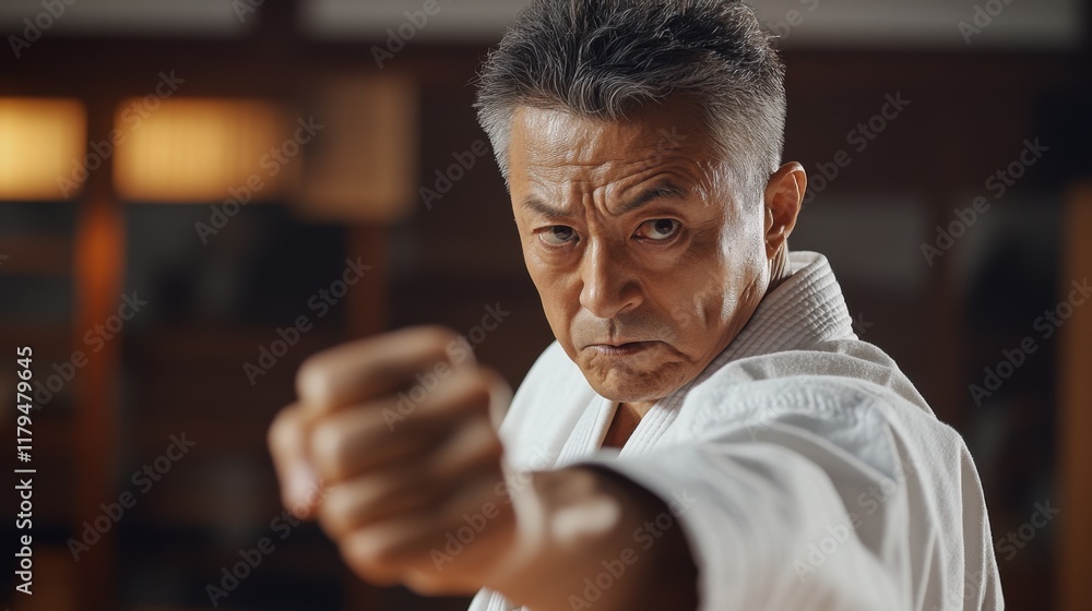 Obraz premium Karate Master, Focused Strike, Martial Arts, White Gi, Senior Sensei, Powerful Punch, Asian Man, Tra