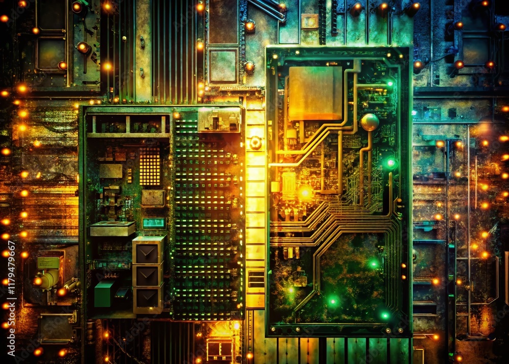 Double Exposure: Powerful Mainframe Computer & Circuit Board - Technology Stock Photo Double Exposure: Powerful Mainframe Computer & Circuit Board - Technology Stock Photo