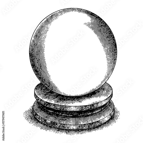 Crystal Ball on Stacks Vintage Style Black and White Outline Line Art Drawing Engraved