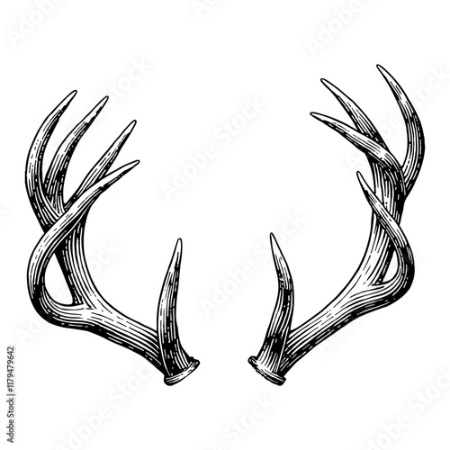 Deer Antlers or Horns Detailed Engraving Black and White Outline Line Art Drawing