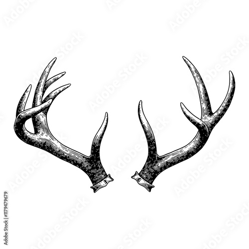 Detailed Deer Antlers Pair Black and White Outline Line Art Drawing in Vintage Style Illustration