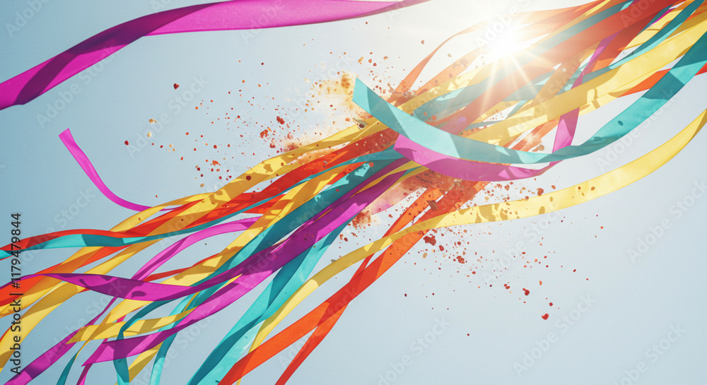 Fototapeta premium Colorful ribbons flying in the air with bright sun and sharp colors, abstract scenery, generative AI