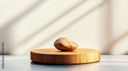 Minimalist pebble on a wooden podium with soft shadows. Generative AI photo