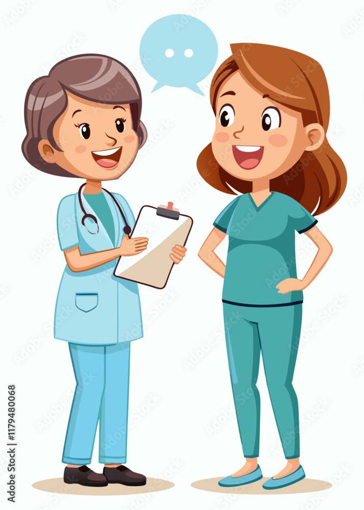 Friendly nurse guiding patient while holding clipboard, with speech bubble Friendly nurse guiding patient while holding clipboard, with speech bubble