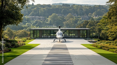 Luxurious helicopter landing at contemporary residence surrounded by greenery in scenic countryside photo