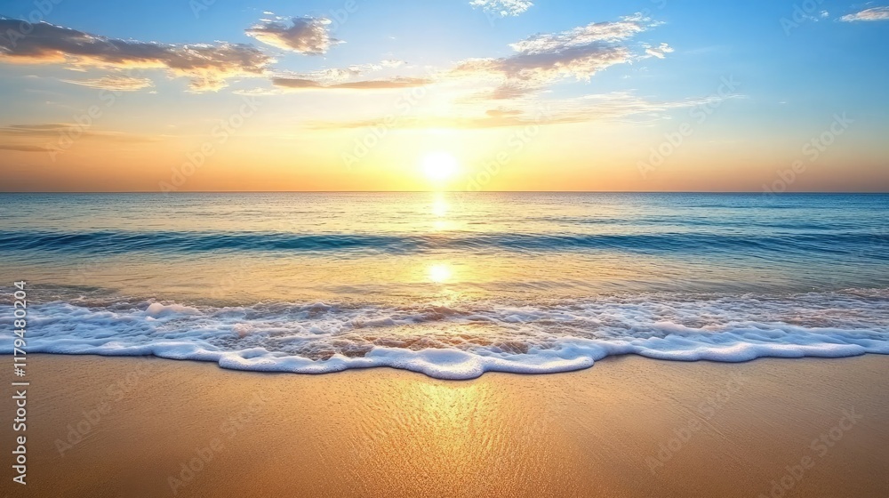 Obraz premium Spectacular sunset unfolds over a Hawaiian beach, with waves crashing against rocks and colorful skies illuminating the horizon