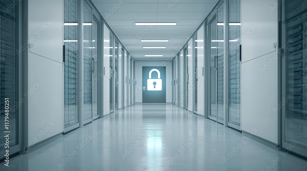 Secure data center corridor with locked door and servers Secure data center corridor with locked door and servers