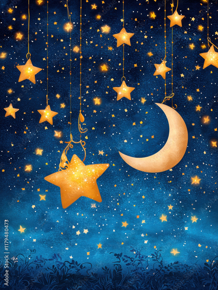 Naklejka premium whimsical night sky filled with glowing stars and crescent moon, creating magical atmosphere. deep blue background enhances enchanting scene