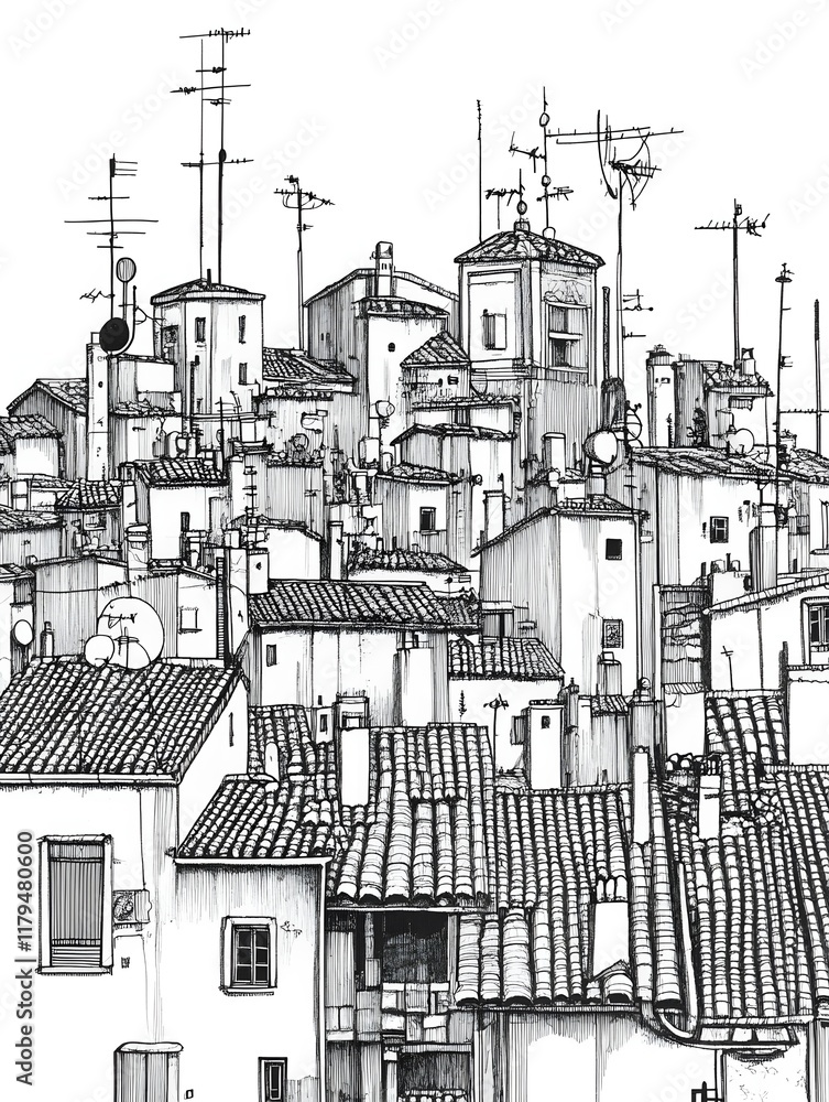 Obraz premium A hand-drawn cityscape with rooftops and antennas in black and white. 