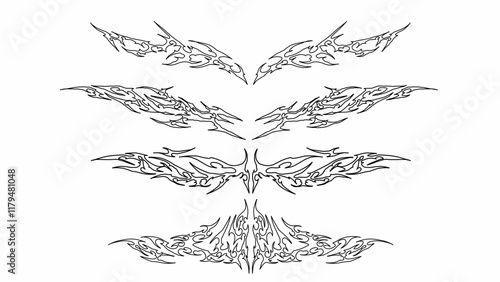 set of neo tribal ornament featuring symmetrical, flame-inspired patterns with sharp edges, ideal for tattoos, stickers, and graphic designs
