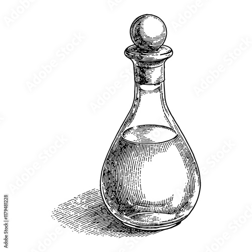 Glass Potion Bottle with Stopper in Detailed Black and White Outline Line Art Drawing