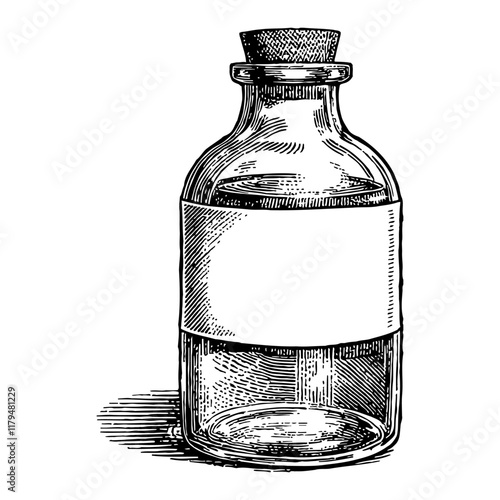 Potion Bottle with Cork Empty Blank Label Detailed Black and White Outline Line Art Drawing