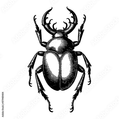 Scarab Beetle with Detailed Antennae Black and White Outline Line Art Drawing Isolated