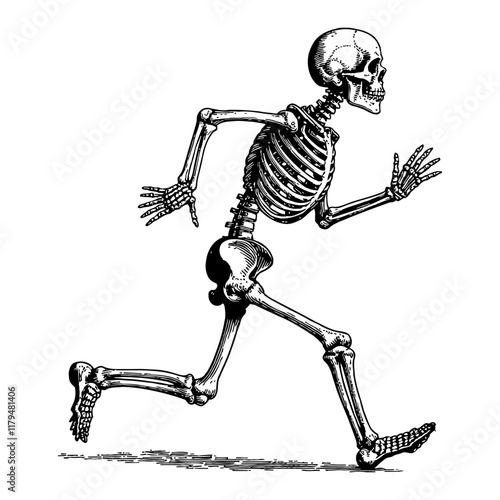 Skeleton Running Pose in Detailed Black and White Outline Line Art Drawing Illustration