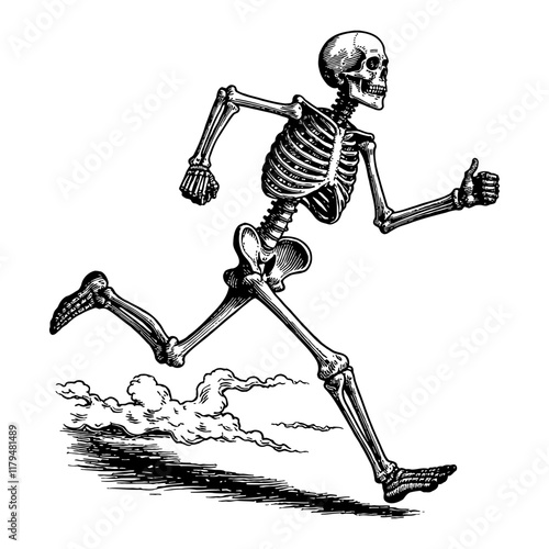 Skeleton in Running Pose with Thumbs Up Hand Gesture Black and White Outline Line Art Drawing
