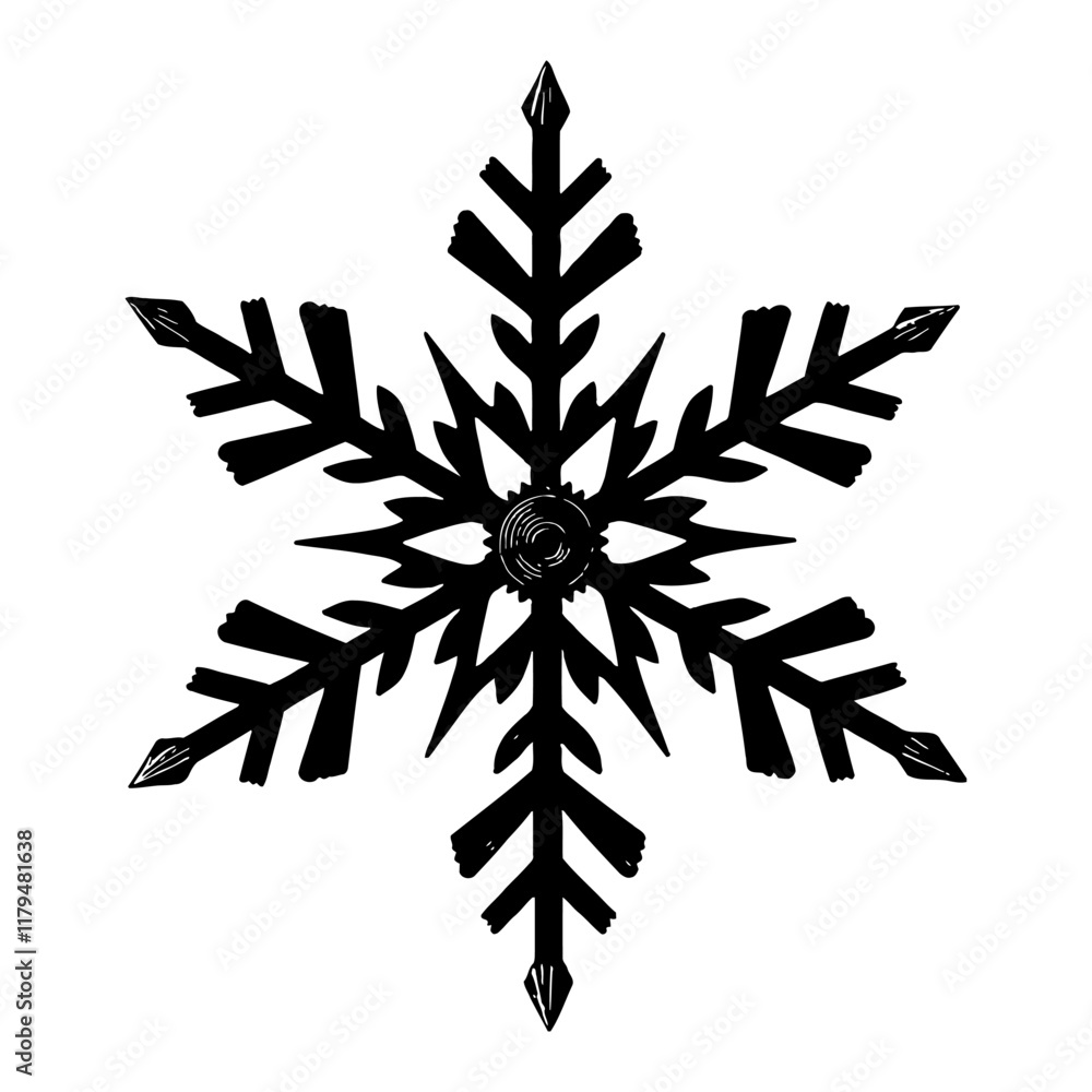 Snowflake Detailed Black and White Outline Line Art Drawing with Scribble Center Design Element Snowflake Detailed Black and White Outline Line Art Drawing with Scribble Center Design Element