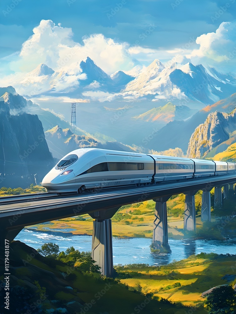 Fototapeta premium high-speed bullet train passing through a futuristic countryside landscape.