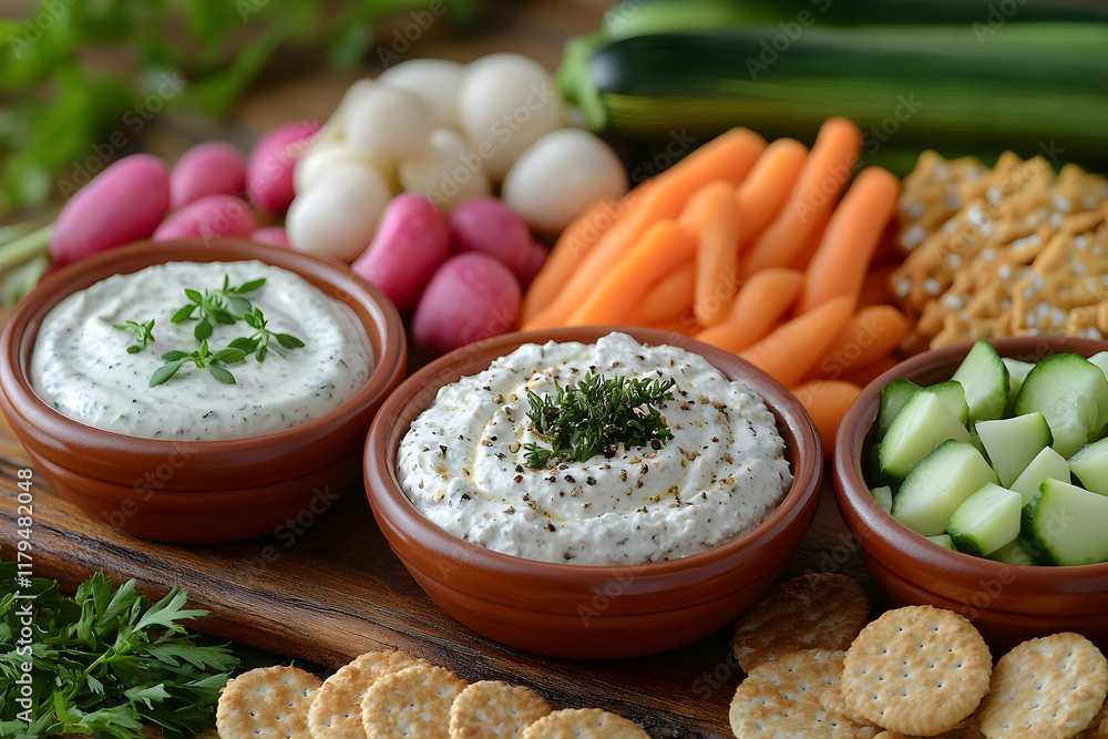 Healthy Vegetable Tray with Creamy Dips and Crackers Healthy Vegetable Tray with Creamy Dips and Crackers