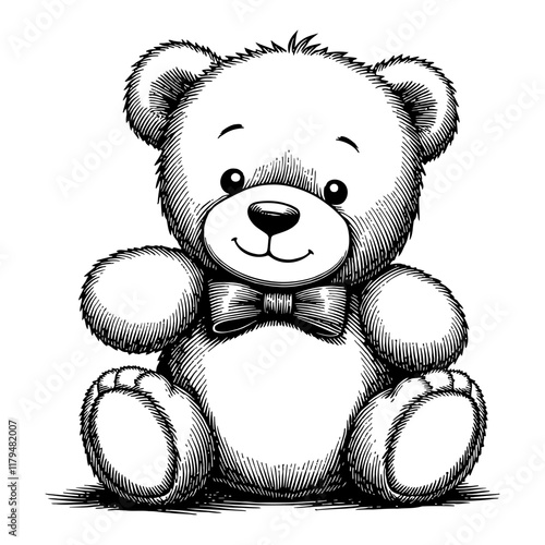 Cute Teddy Bear Sitting With Bowtie Detailed Black and White Outline Line Art Drawing