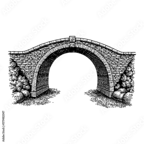 Vintage Stone Bridge in Detailed Arch View Black and White Outline Line Art Drawing