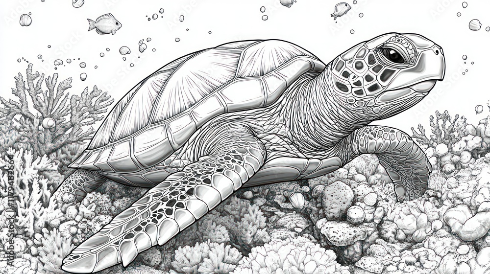 Fototapeta premium Detailed grayscale drawing of a sea turtle swimming amidst coral reef and small fish.