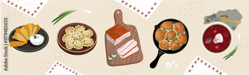 Ukrainian cuisine set. Traditional national Ukrainian dishes as borsch, cabbages, pampushky, dumplings, potato pancakes, lard.