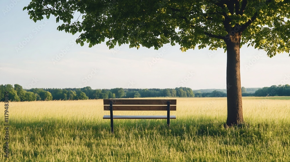 Tranquil Meadow Scene with Lone Bench Under Shaded Tree Tranquil Meadow Scene with Lone Bench Under Shaded Tree