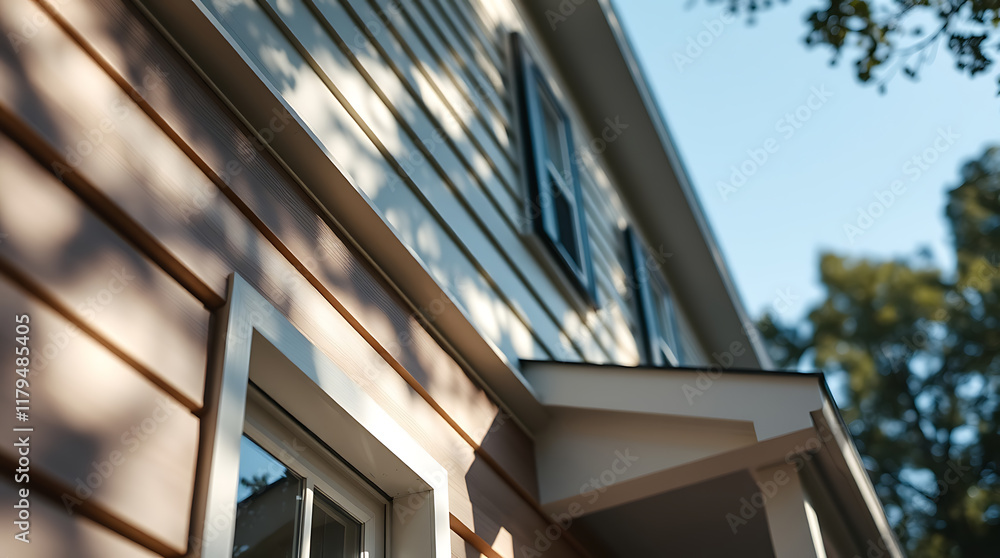 Obraz premium Close-up view of a light brown clapboard house exterior. Shows windows, eaves, and tree shadows cast on the siding. The perspective is low angle, looking upward.