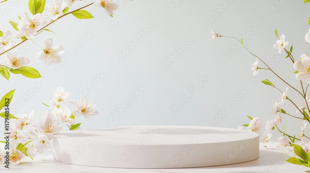 custom made wallpaper toronto digitalCircular podium with spring ambiance concept. White pedestal surrounded by delicate flowers and green leaves