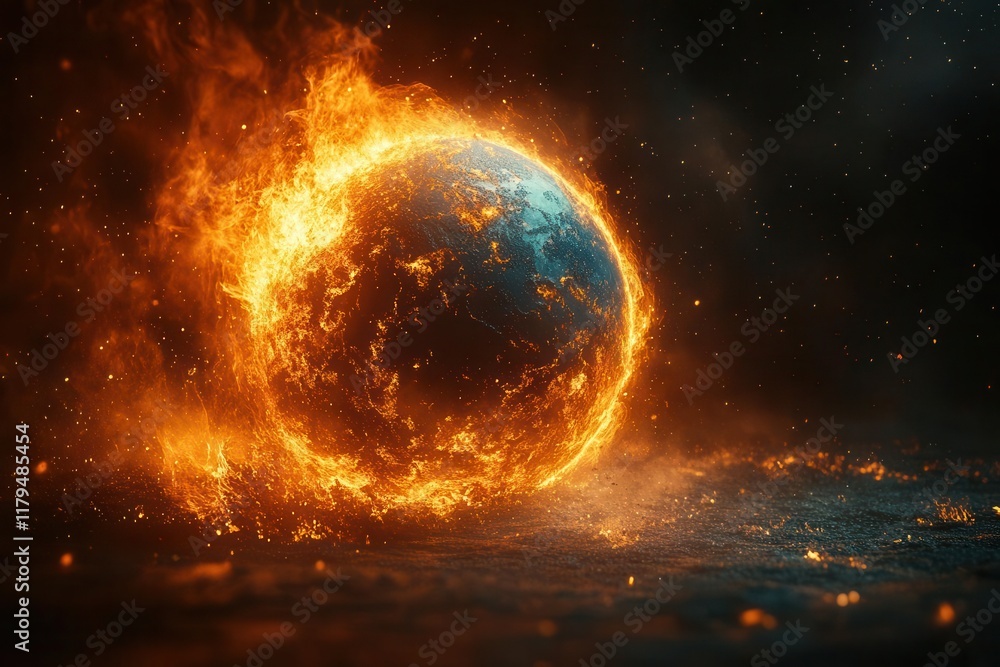 dramatic global warming visualization with earth burning in space, showing climate crisis impact with realistic flames and atmospheric details dramatic global warming visualization with earth burning in space, showing climate crisis impact with realistic flames and atmospheric details