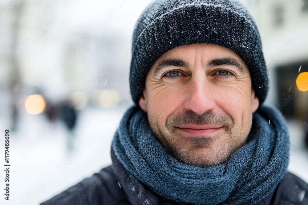 A stylish man stands confidently in the snow, wearing a cozy scarf and a warm hat, exuding youthful charm amidst a wintry atmosphere in the city A stylish man stands confidently in the snow, wearing a cozy scarf and a warm hat, exuding youthful charm amidst a wintry atmosphere in the city