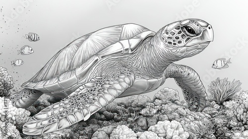 Fototapeta Naklejka Na Ścianę i Meble -  Detailed grayscale illustration of a sea turtle swimming amidst coral reef and fish.