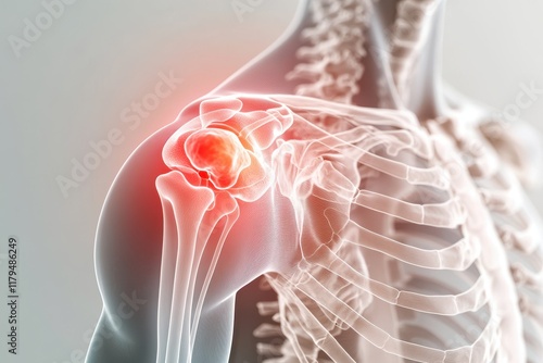 3D X-ray of human shoulder with pain point highlighted in red