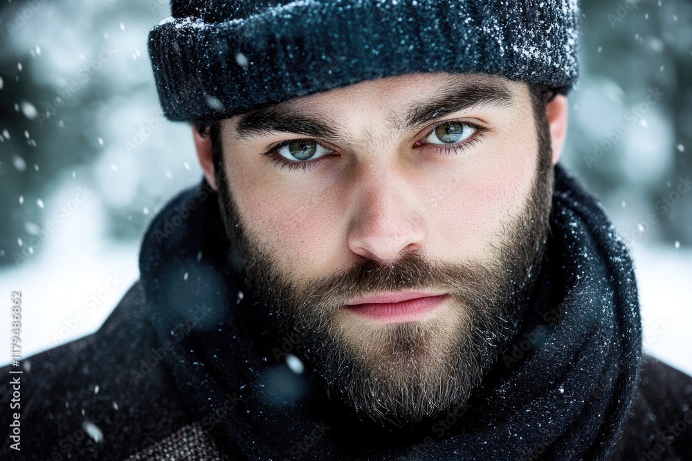 A fashionable man is posing in a snowy setting, wearing a stylish winter outfit with a knit beanie and scarf, exuding a trendy and youthful vibe during winter A fashionable man is posing in a snowy setting, wearing a stylish winter outfit with a knit beanie and scarf, exuding a trendy and youthful vibe during winter