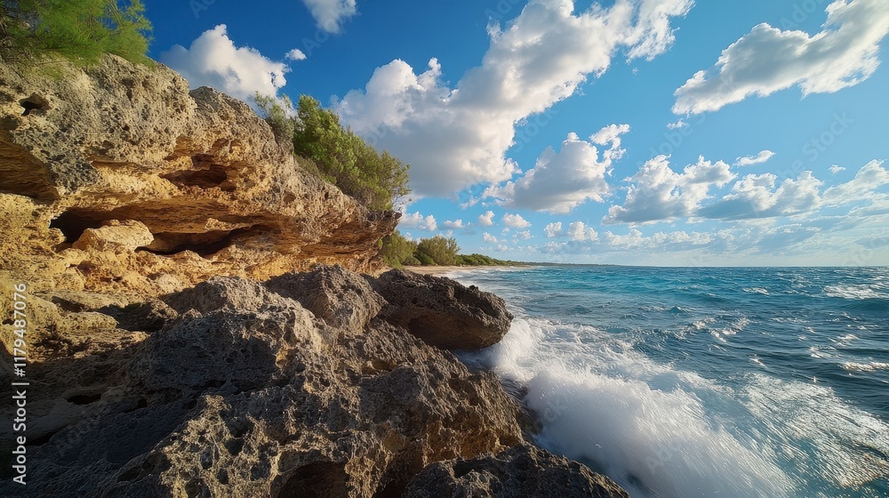 Rocky Coastline with Cliffs and Stormy Skies, waves crashing against rugged rocks, dramatic atmosphere and intense natural elements Rocky Coastline with Cliffs and Stormy Skies, waves crashing against rugged rocks, dramatic atmosphere and intense natural elements