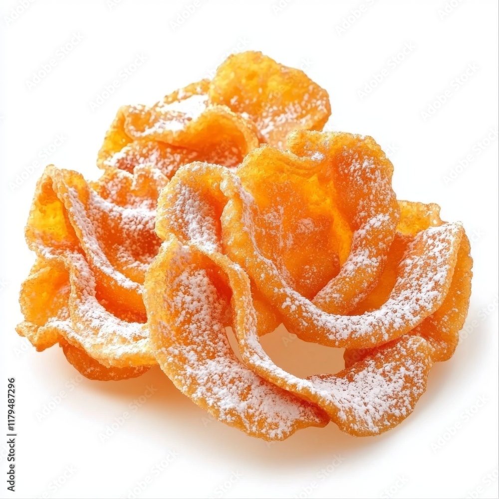 Crispy Gourmet Snacks with Powdered Sugar on a White Background for Culinary and Food Photography Projects Crispy Gourmet Snacks with Powdered Sugar on a White Background for Culinary and Food Photography Projects