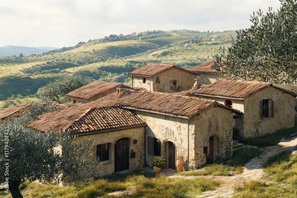A rustic Mediterranean villa set among rolling hills, with clay-tiled roofs and olive trees swaying gently A rustic Mediterranean villa set among rolling hills, with clay-tiled roofs and olive trees swaying gently
