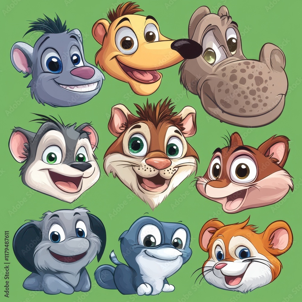 Fototapeta premium Adorable Cartoon Animals Displaying Happy Expressions