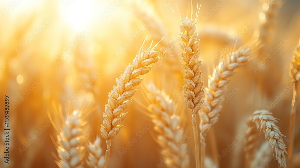 Golden wheat field at sunset, close-up view of ripe ears of grain illuminated by warm sunlight. Golden wheat field at sunset, close-up view of ripe ears of grain illuminated by warm sunlight.
