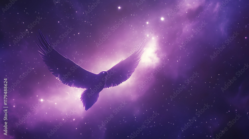 Fototapeta premium A majestic bird soaring through a vibrant cosmic landscape filled with stars and nebulae.